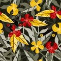 Red and yellow exotic flowers and predator eyes, seamless pattern Royalty Free Stock Photo