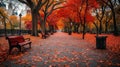 Red and Yellow Fall Foliage Along a Brick Path Royalty Free Stock Photo