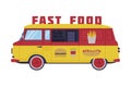 Red and Yellow Food Truck as Equipped Motorized Vehicle for Cooking and Selling Street Food Vector Illustration