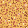 Red yellow forest elements seamless pattern. Vector illustration consists of leaves oak maple aspen apple orange mushrooms amanita Royalty Free Stock Photo