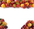 Red and yellow fruits on white background. Ripe apricots, red currants, cherries and strawberries. Sweet and juicy fruits at bord Royalty Free Stock Photo