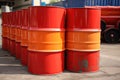 Red and yellow fuel barrels full of crude oil from a refinery ready for transportation Generative AI Illustration Royalty Free Stock Photo