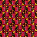 Red and yellow geometric repeating pattern of math symbols