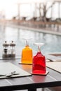 Red and Yellow Glass of water on luxury table setting Royalty Free Stock Photo