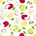 Red, yellow, green apple seamless pattern. Fruit background with Whole, bitten, cut, core aplle. Flat vector