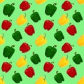 Red, yellow, green bell pepper. Vegetable seamless pattern on light green background. Vegetarian pattern, Natural background for