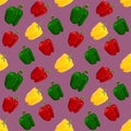 Red, yellow, green bell pepper. Vegetable seamless pattern on lilac background. Vegetarian pattern, Natural background for