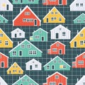 Red, yellow, green, blue canadian and scandinavian colorful houses pattern on blue squared background