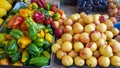 Red, yellow and green capsicums and nectarines Royalty Free Stock Photo