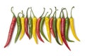 Red, yellow and green chili peppers in a row Royalty Free Stock Photo
