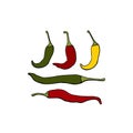 Red, yellow, green hot chilli peppers, set of vegetable organic food exotic mexican spicy