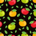 Red, yellow and green painted apples and multicolored leaves, colorful juicy fruits on black background. For the fabric design,