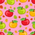 Red, yellow and green painted apples and multicolored leaves, colorful juicy fruits on pink background. For the fabric design, Royalty Free Stock Photo