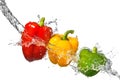 Red, yellow and green pepper with water splash Royalty Free Stock Photo