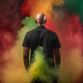 Red, Yellow, Green Smokescreen Around Black-Shirted African American Man