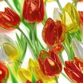 Red Yellow Green Tulip Flowers Glitter White Background Tile Seamless Background. Generative AI Royalty Free Stock Photo