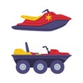 Red and Yellow Heavy Machinery and Motor Boat as Rescue Equipment and Emergency Vehicle for Urgent Saving of Life Vector