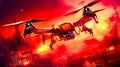Red and yellow helicopter flying over fire filled city in red sky. Generative AI Royalty Free Stock Photo