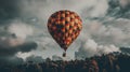 A Red And Yellow Hot Air Balloon In A Cloudy Sky. Generative AI