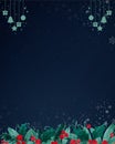 Dark blue background with a festive Christmas theme. The top features hanging green icons of gifts, stars, trees, and baubles. Royalty Free Stock Photo