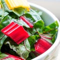 Red and yellow leafy chard in a bowl