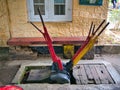 Red and yellow levers on the platform for managing the railway at Ella station in central Sri Lanka