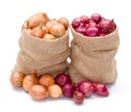 Red and yellow onions in burlap sack Royalty Free Stock Photo