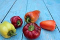 Red, yellow and orange bell peppers on light blue wooden background. Fresh summer or autumn vegetables harvest Royalty Free Stock Photo