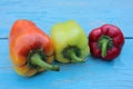 Red, yellow and orange bell peppers on light blue wooden background. Fresh summer or autumn vegetables harvest Royalty Free Stock Photo