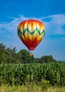 Colorful Teardrop Shaped Hot Air Balloon Over Corn Field on Sunny Day with Trees and Cloudy Blue Sky Royalty Free Stock Photo