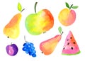 Red, yellow and orange juicy fruit hand painting illustration. Watercolor pear, apple, peach, watermelon, grapes, plum Royalty Free Stock Photo