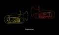 Red and yellow outline euphonium ensemble on black background