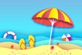 Red Yellow parasol - umbrella in paper cut style. Origami sea and beach with lifebuoy. Sport ball game. Flipflops shoes