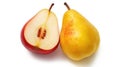 Red yellow pear fruit cut in half. Generative AI Royalty Free Stock Photo