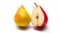 Red yellow pear fruit cut in half. Generative AI Royalty Free Stock Photo