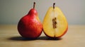 Red yellow pear fruit cut in half. Generative AI Royalty Free Stock Photo