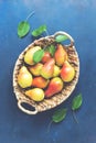 Red-yellow pears in a basket on a blue rustic background. Top view, toned photo. Royalty Free Stock Photo