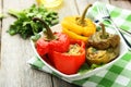 Red and yellow peppers stuffed with the meat, rice and vegetables Royalty Free Stock Photo