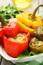 Red and yellow peppers stuffed with the meat, rice and vegetables Royalty Free Stock Photo