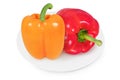 Red and yellow peppers on a white plate on an isolated white background. Royalty Free Stock Photo