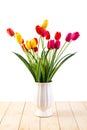 Red and Yellow and Pink tulips in pot on wood texture isolated Royalty Free Stock Photo