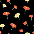 Red and yellow poppy flowers seamless vector background. Poppies red and yellow on black background. Retro floral background. Hand Royalty Free Stock Photo