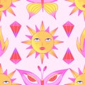Red and yellow psychedelic seamless pattern with sun, butterfly, diamonds, fire on a pink background