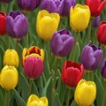 Red yellow purple violet tulips garden, AI generated image