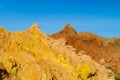 Red and yellow rock castle shaped mountains and rock formation valley Royalty Free Stock Photo