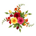 Red and yellow roses and freesia flowers. Vector illustration. Royalty Free Stock Photo