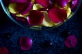 Red and yellow roses petals in glass bowl Royalty Free Stock Photo