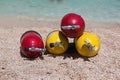 Red and Yellow Scuba Oxygen Tanks for Divers on a Beach Royalty Free Stock Photo