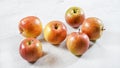 Red / yellow shiny apples kiku variety on white working board