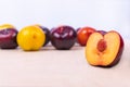 Red, yellow slice plum fruit close up Royalty Free Stock Photo